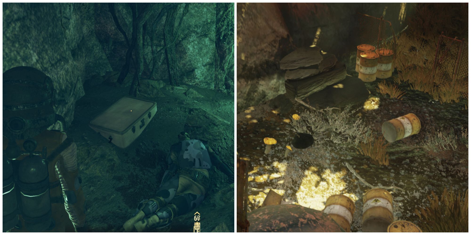 Split image of the cavern and the outside of the abandoned waste dump in Fallout 76