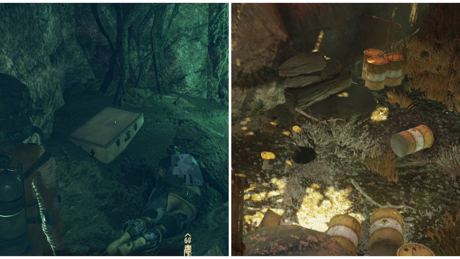 Split image of the cavern and the outside of the abandoned waste dump in Fallout 76