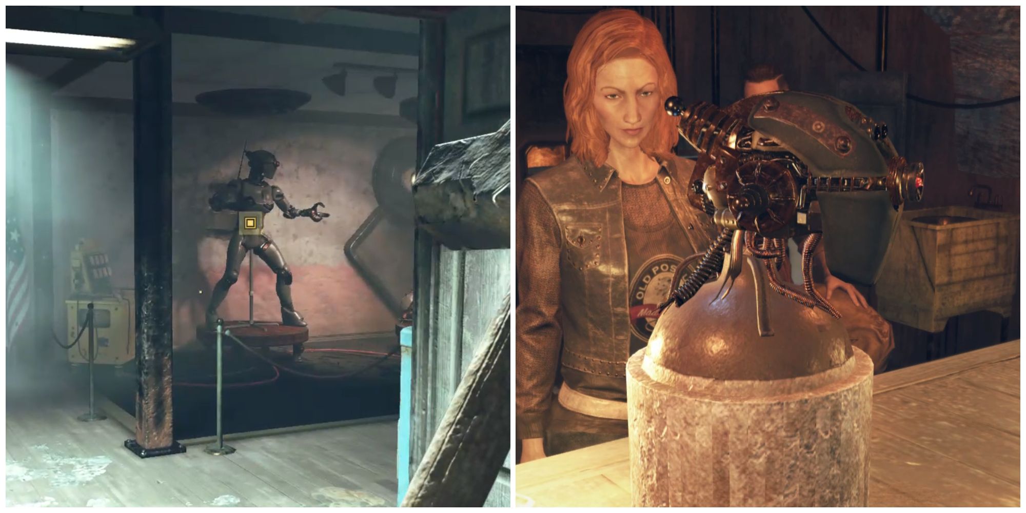 Split image of an assaultron enemy and Polly's head in the Wayward in Fallout 76
