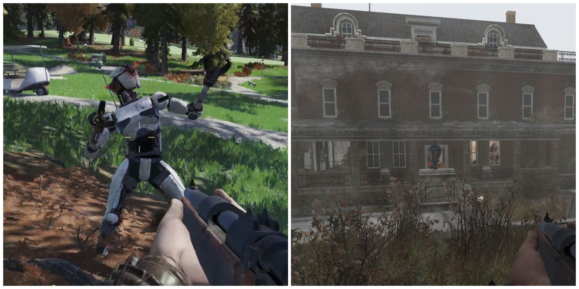 Split image of an assaultron enemy and the Hornwright Summer Villa in Fallout 76