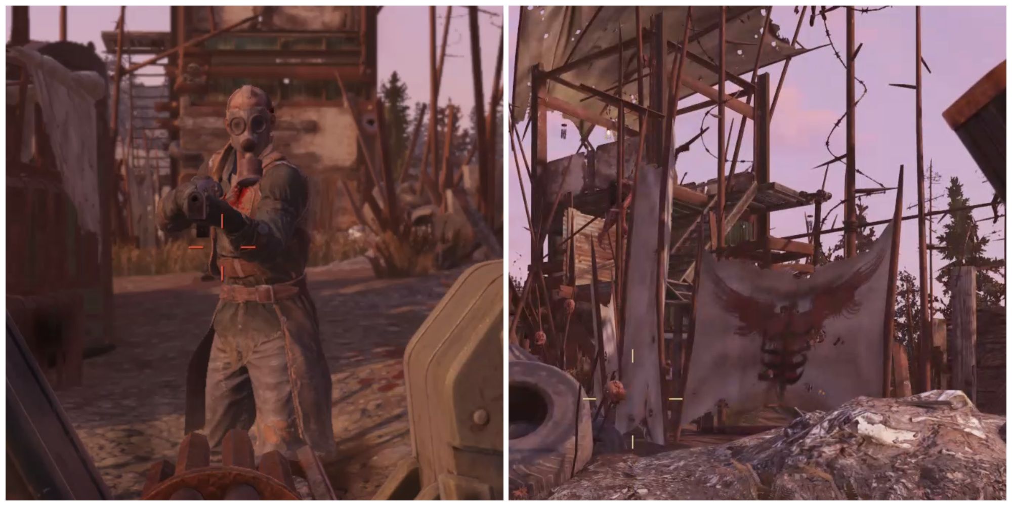 Split image of a blood eagle enemy and Seneca Gang Camp in Fallout 76