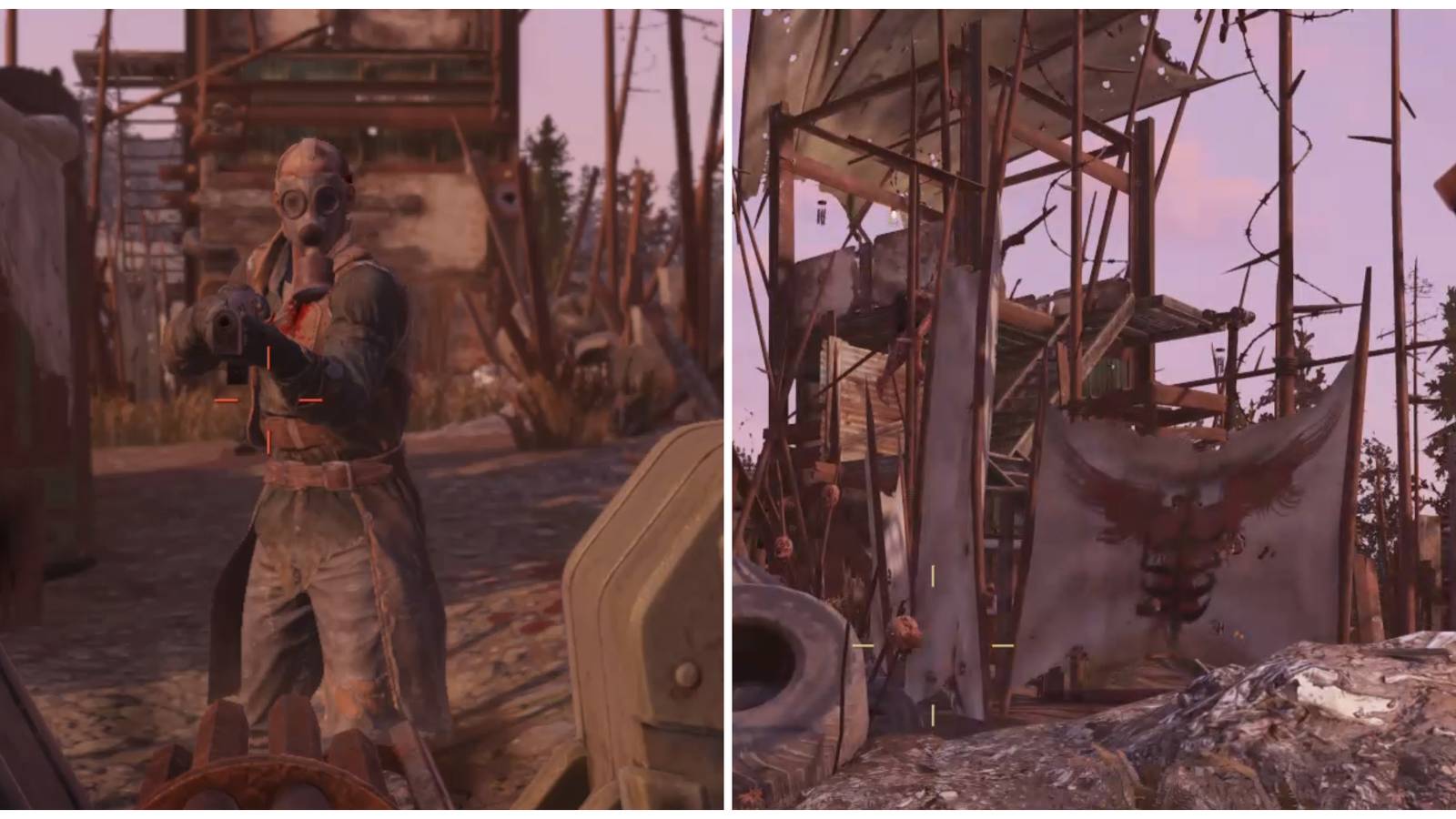 Split image of a blood eagle enemy and Seneca Gang Camp in Fallout 76