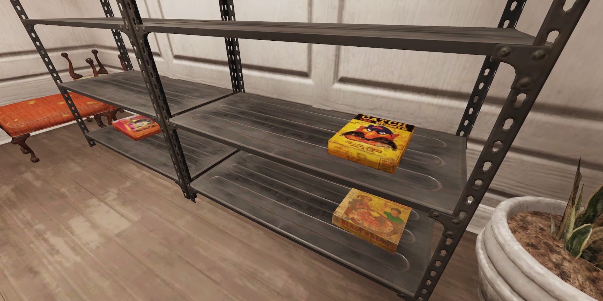 Board games sitting on some shelves in Fallout 76