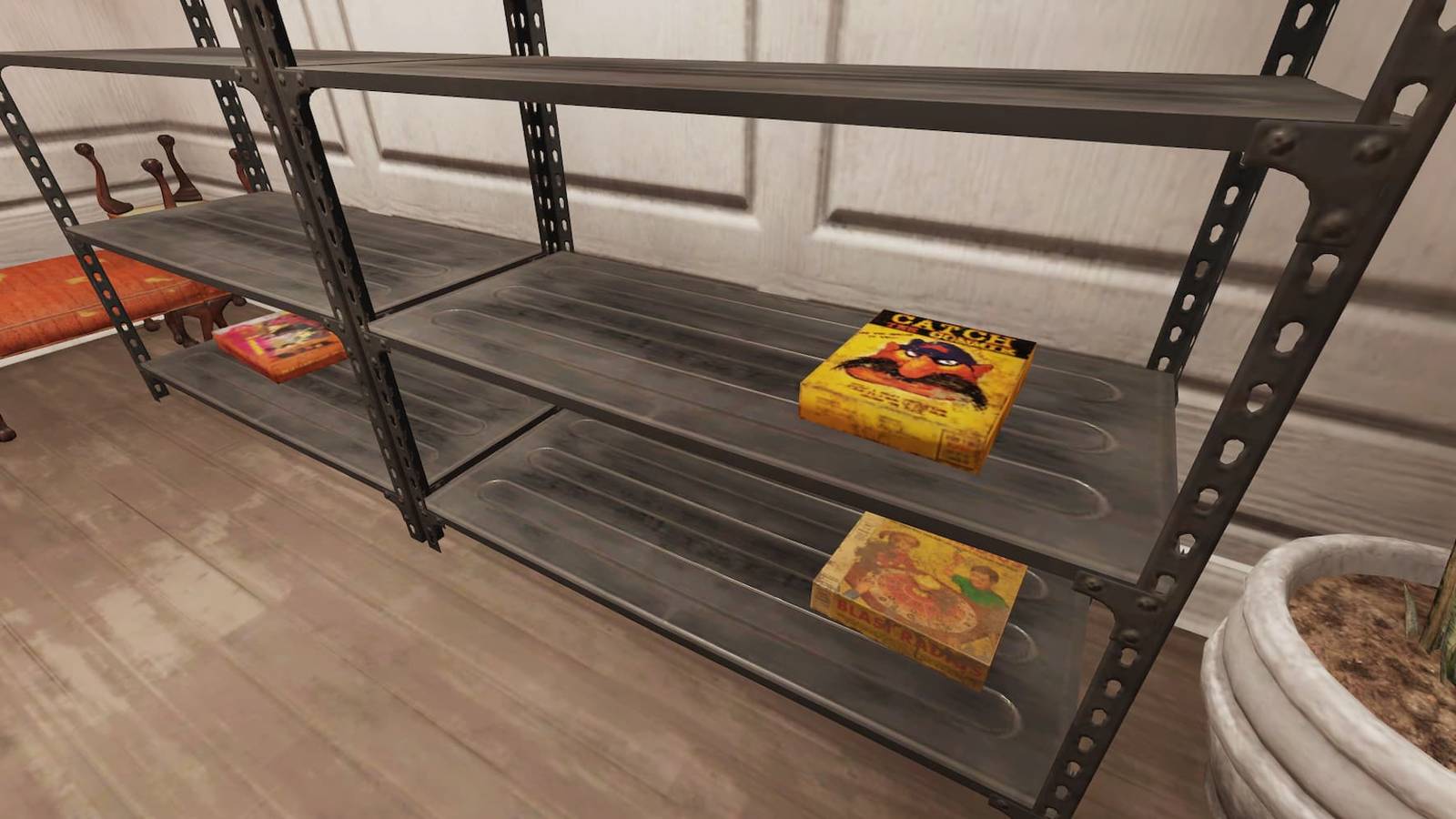 Board games sitting on some shelves in Fallout 76