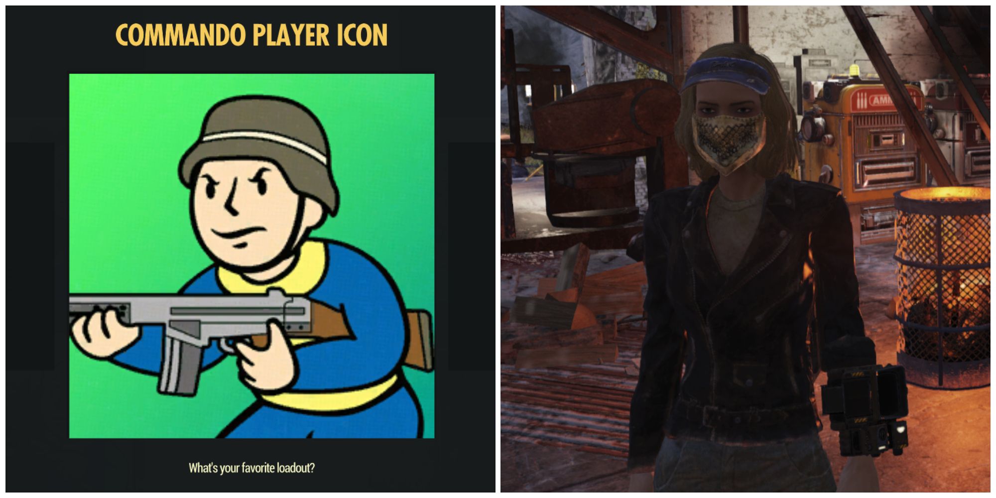 Split image of the commando player icon and a custom character in Fallout 76