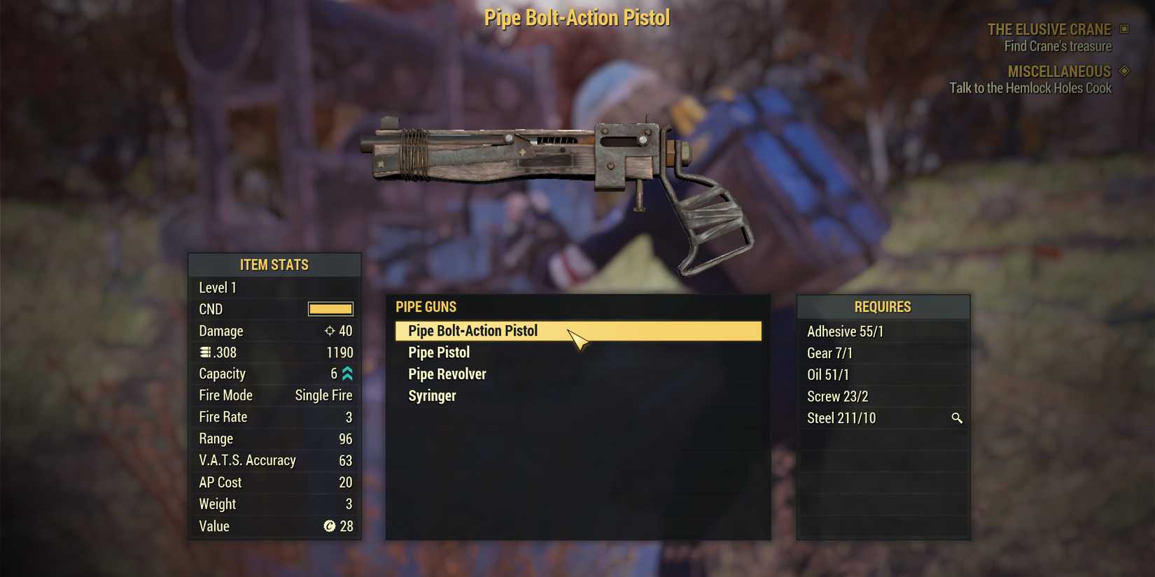 Image of a new pipe gun being crafted in Fallout 76