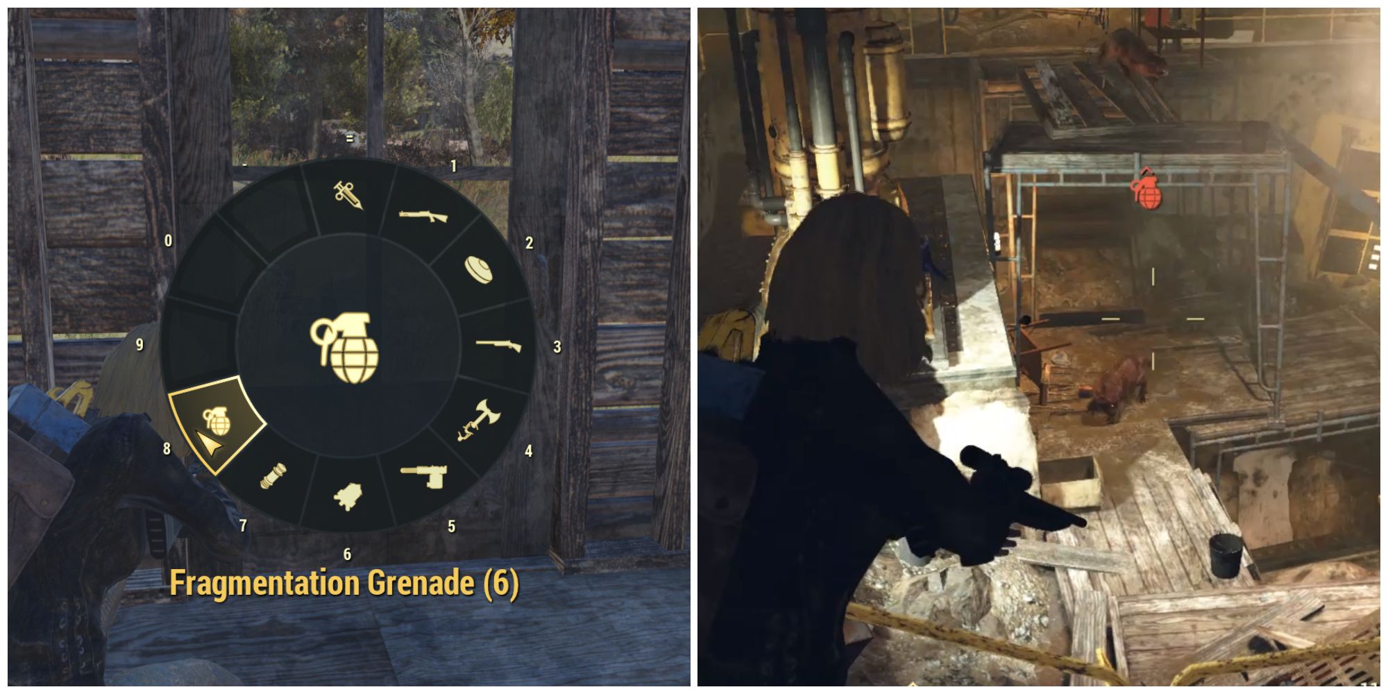 Split image of Fragmentation Grenades in the quick selection wheel and a character throwing a grenade in Fallout 76