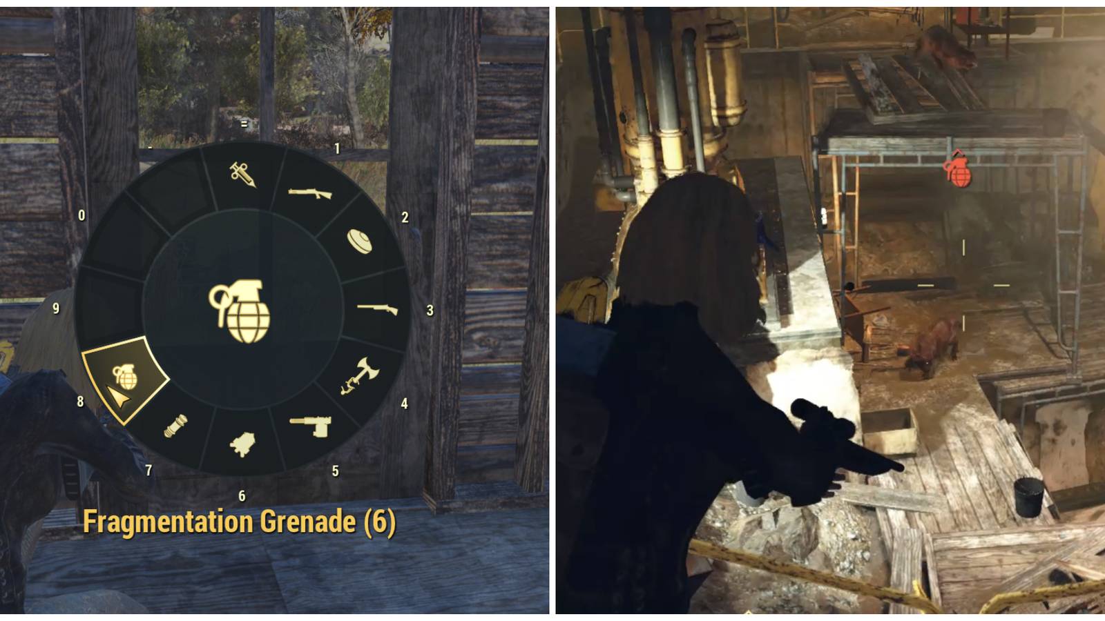 Split image of Fragmentation Grenades in the quick selection wheel and a character throwing a grenade in Fallout 76