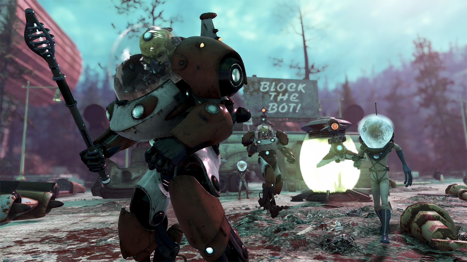 Fallout 76 Invaders from Beyond 2024 event screenshot 1 aliens running in front of block the bot sign