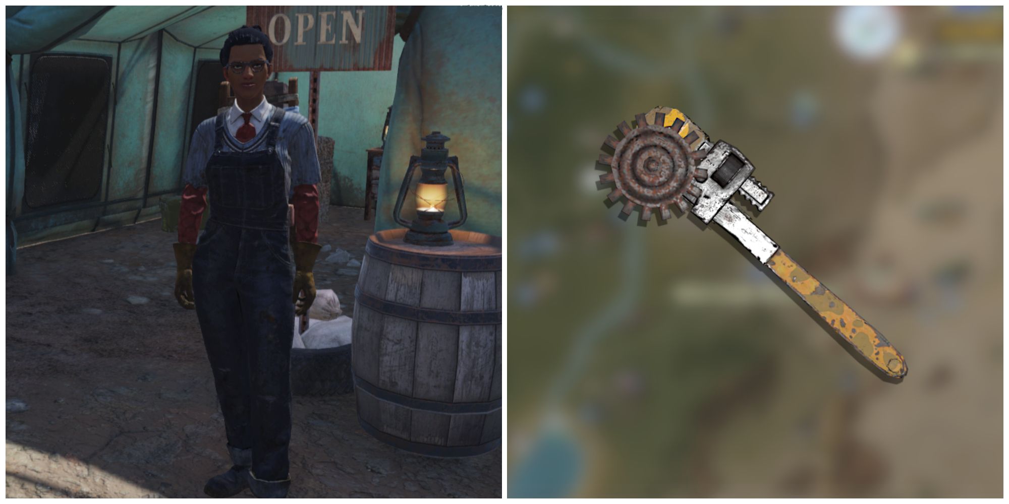 Split image of the vendor Minerva and the Mechanics Best Friend weapon from Fallout 76