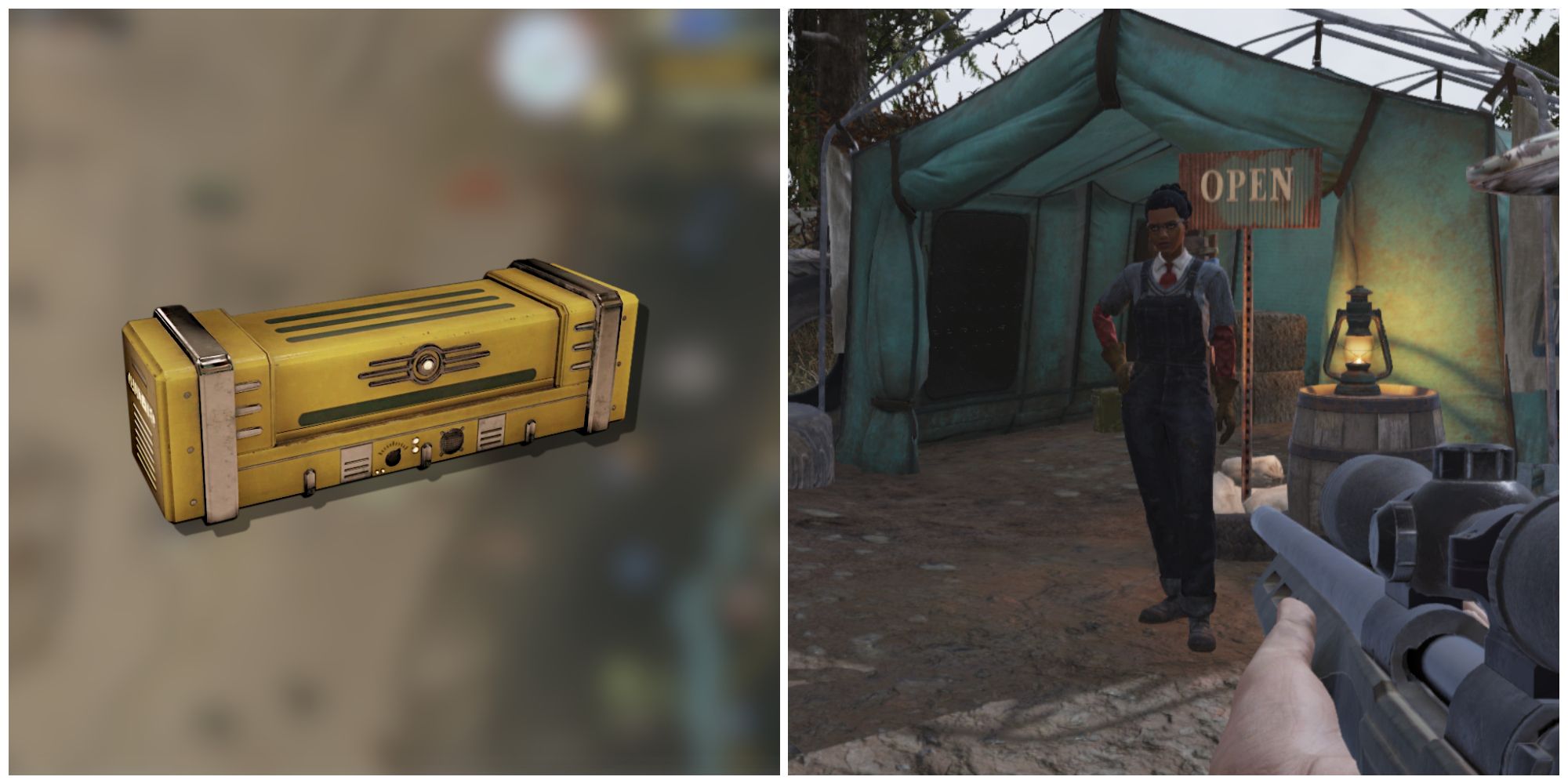 Split image of medium supply crates and the vendor Minerva in Fallout 76
