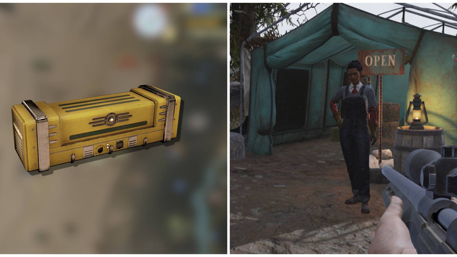 Split image of medium supply crates and the vendor Minerva in Fallout 76