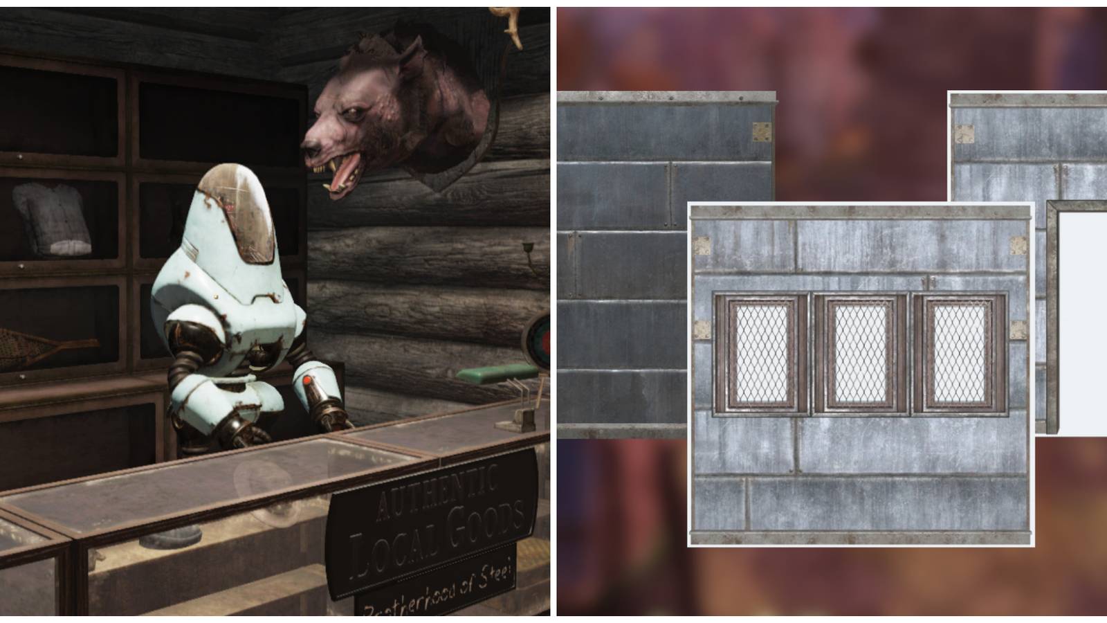 Split image of a raiders vendor and some pieces from the metal building set in Fallout 76