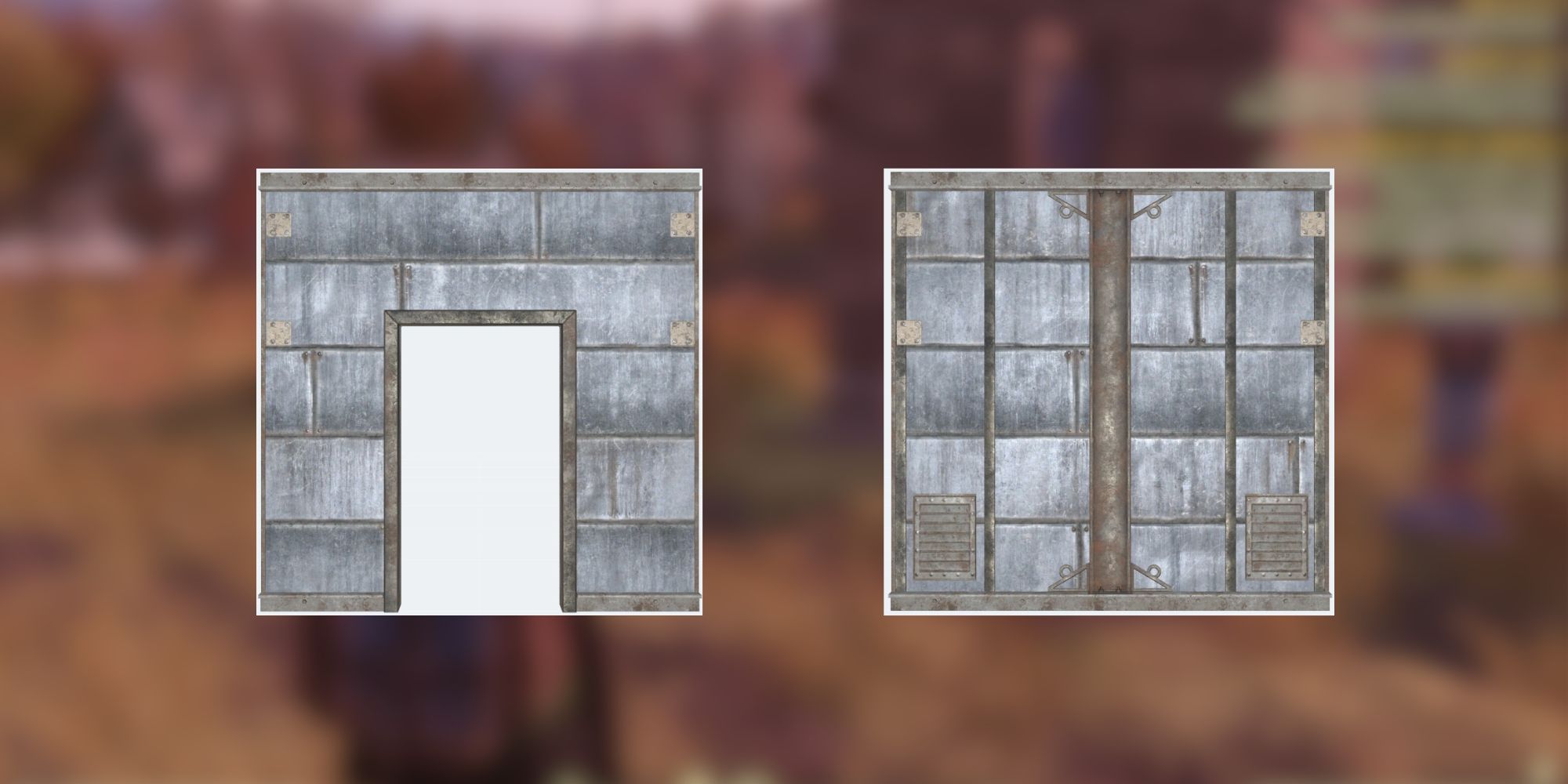 Image of two metal building walls from the metal building set in Fallout 76