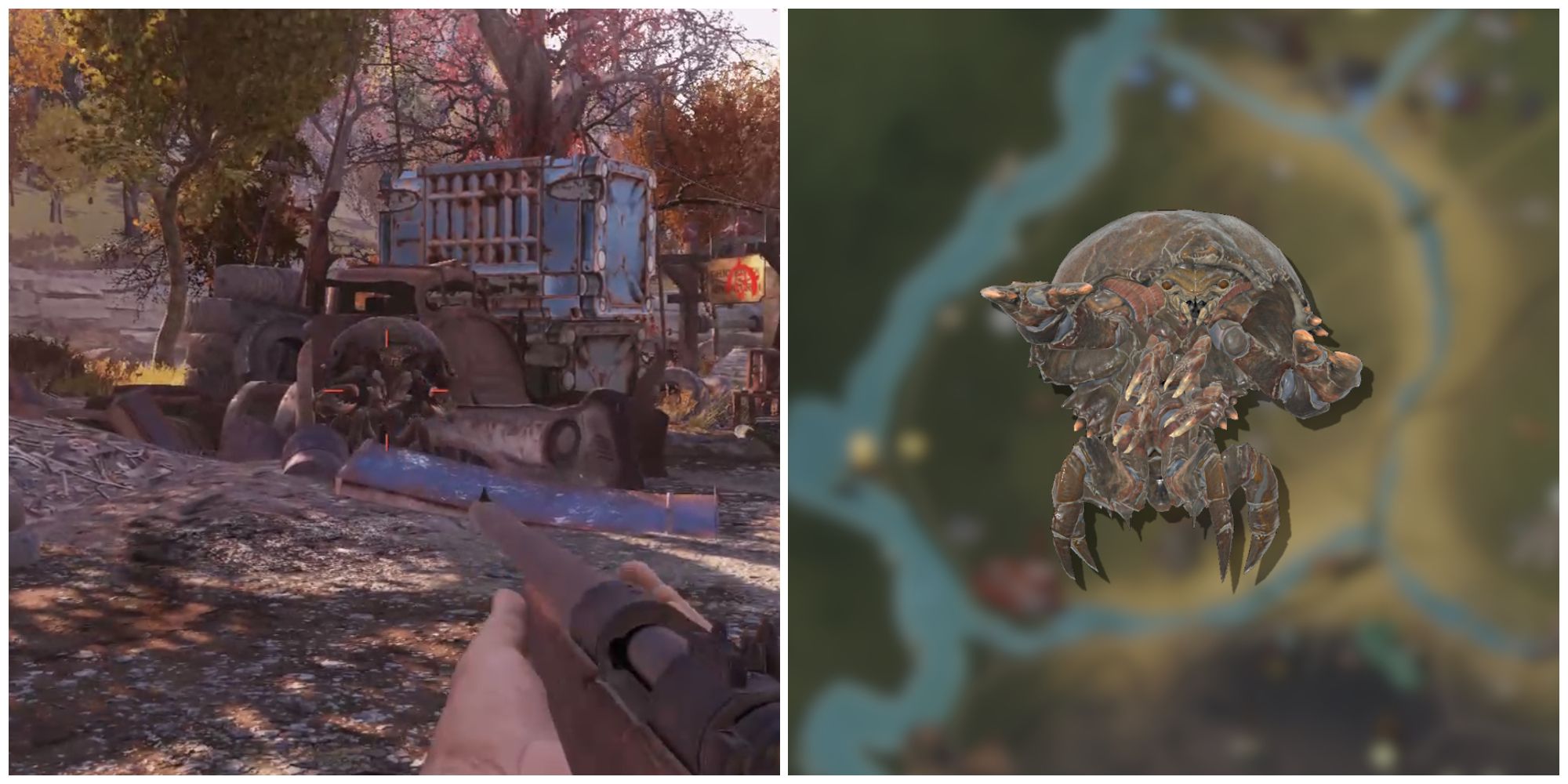 Split image of a Mirelurk in the wild and a Mirelurk in the foreground of a map image from Fallout 76