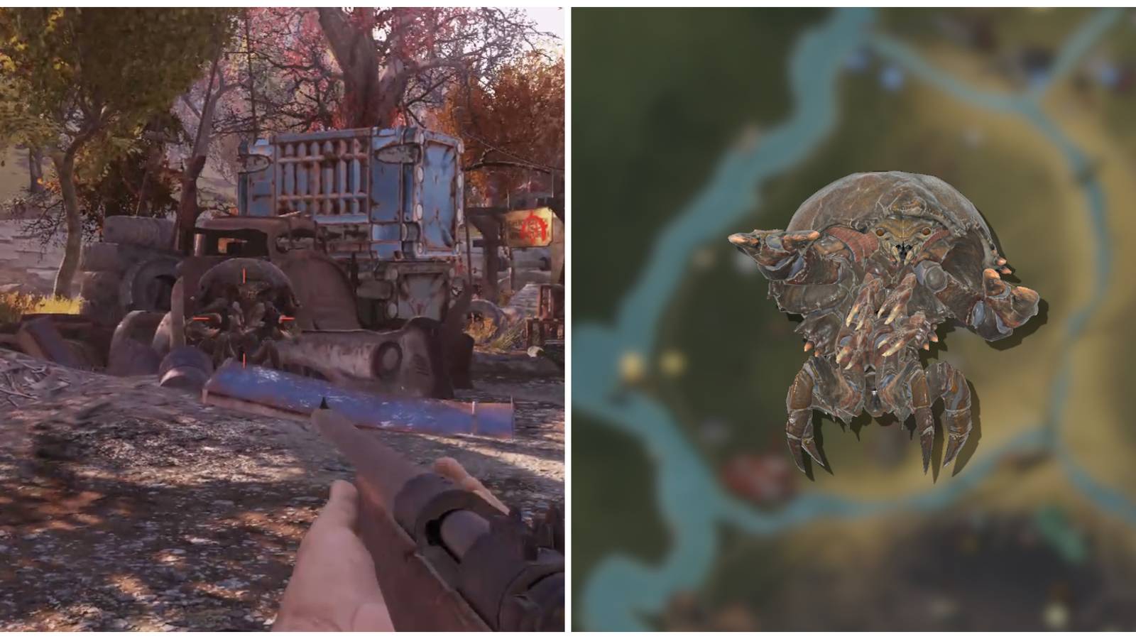 Split image of a Mirelurk in the wild and a Mirelurk in the foreground of a map image from Fallout 76