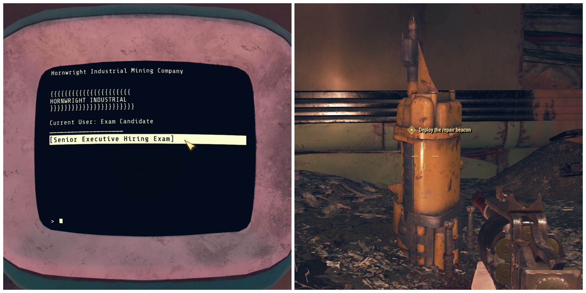 Split image of the Senior Executive Hiring Exam and the beacon launcher for the Motherlode quest in Fallout 76