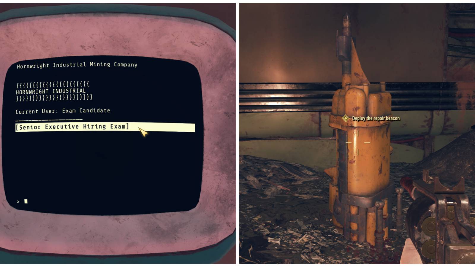 Split image of the Senior Executive Hiring Exam and the beacon launcher for the Motherlode quest in Fallout 76
