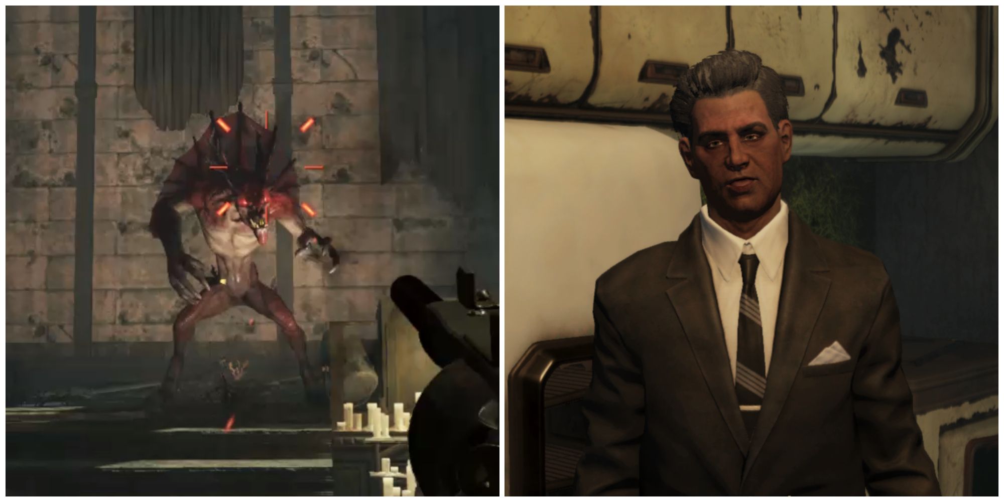 Split image of the Jersey Devil and Antonio Russo in the Sins of the Father quest in Fallout 76