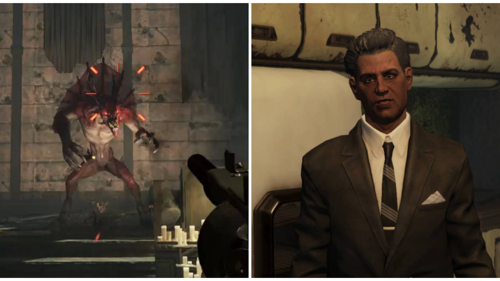Split image of the Jersey Devil and Antonio Russo in the Sins of the Father quest in Fallout 76