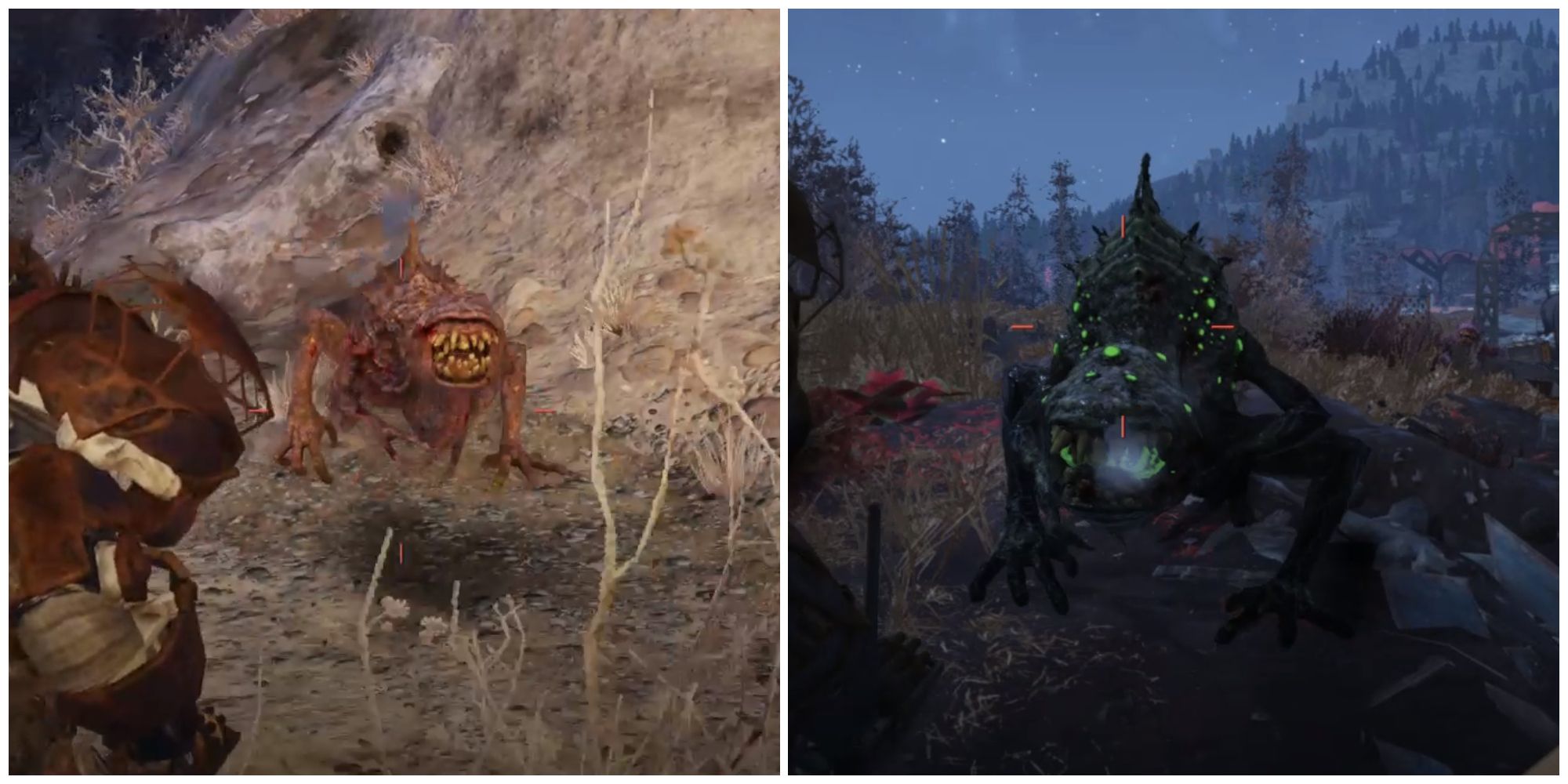 Split image of a snallygaster and a glowing snallygaster in Fallout 76