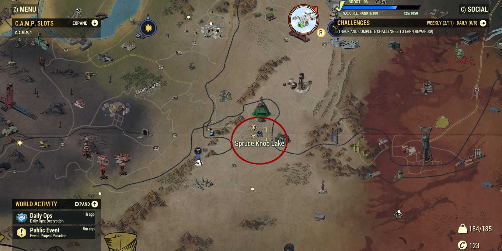 Image of Spruce Knob Lake on the map where mirelurks can be found in Fallout 76