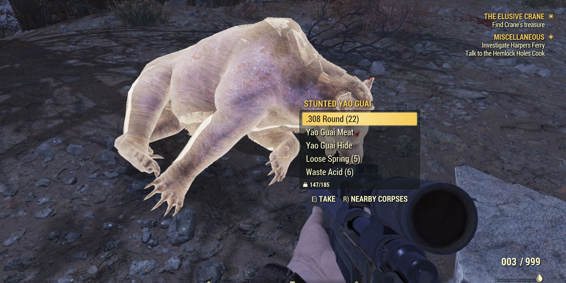 Image of the available resources from a stunted yao guai in Fallout 76