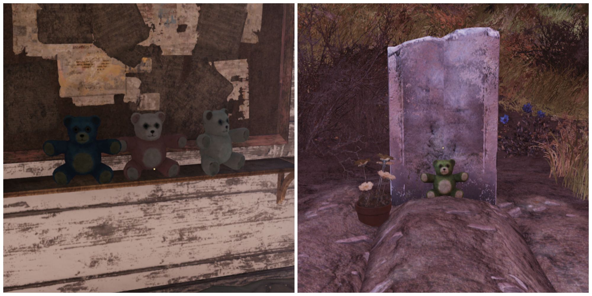 Split image of three teddy bears on a shelf and a teddy bear in front of a grave in Fallout 76