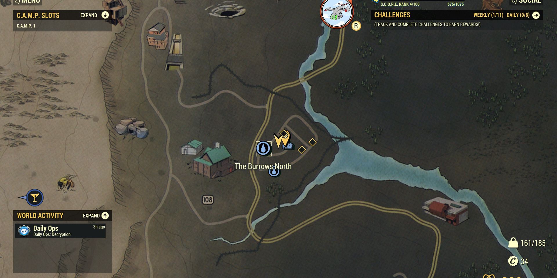 Image of the location on the map of the Burrows North in Fallout 76