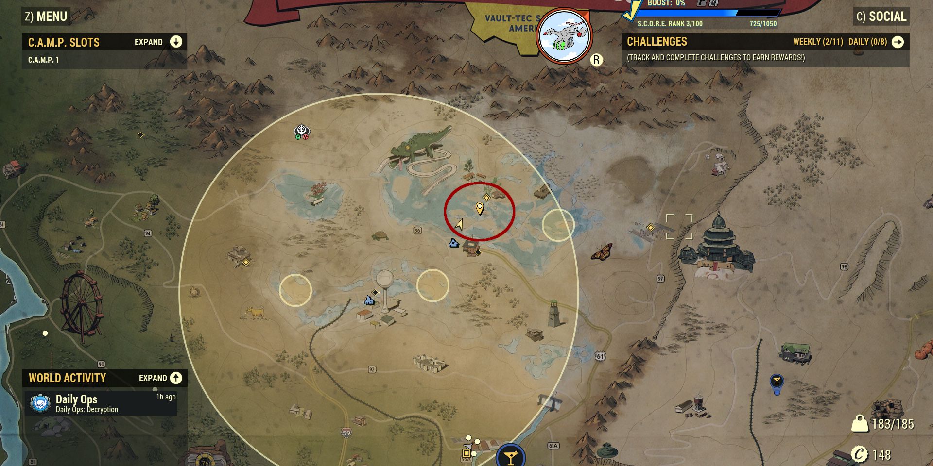 Image of the Toxic Dried Lakebed on the map where mirelurks can be found in Fallout 76