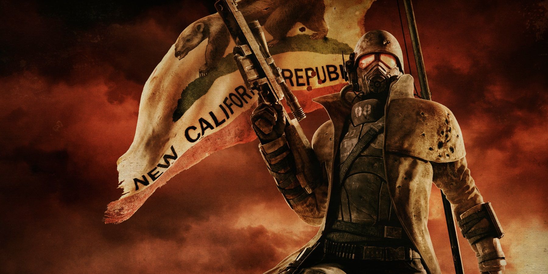 A Fallout soldier standing in front of a New California Republic (NCR) flag