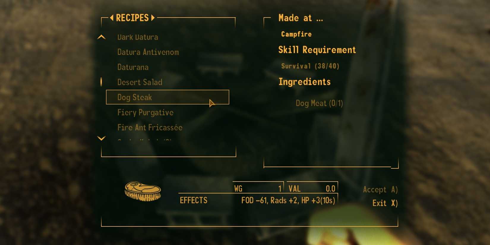 fallout new vegas campfire food crafting menu