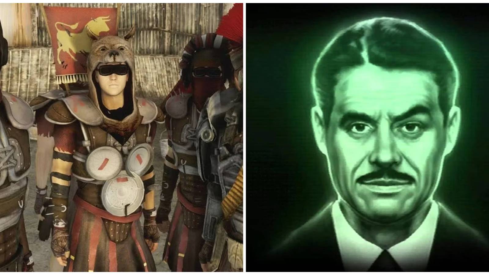 Split image of the Caesar's Legion faction and Robert House from Fallout New Vegas