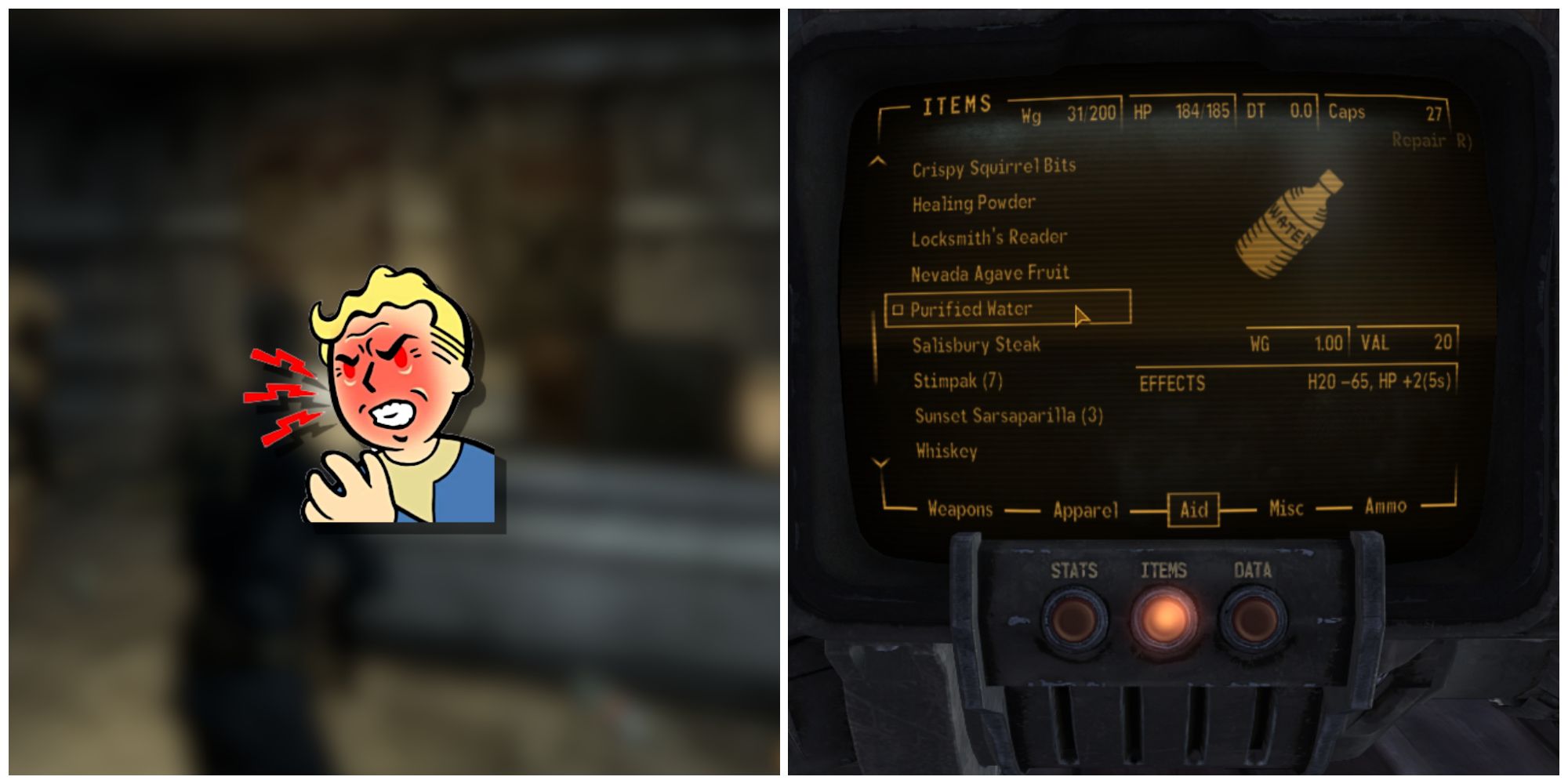 Split image of the hardcore mode icon and purified water to cure dehydration in hardcore mode in Fallout New Vegas