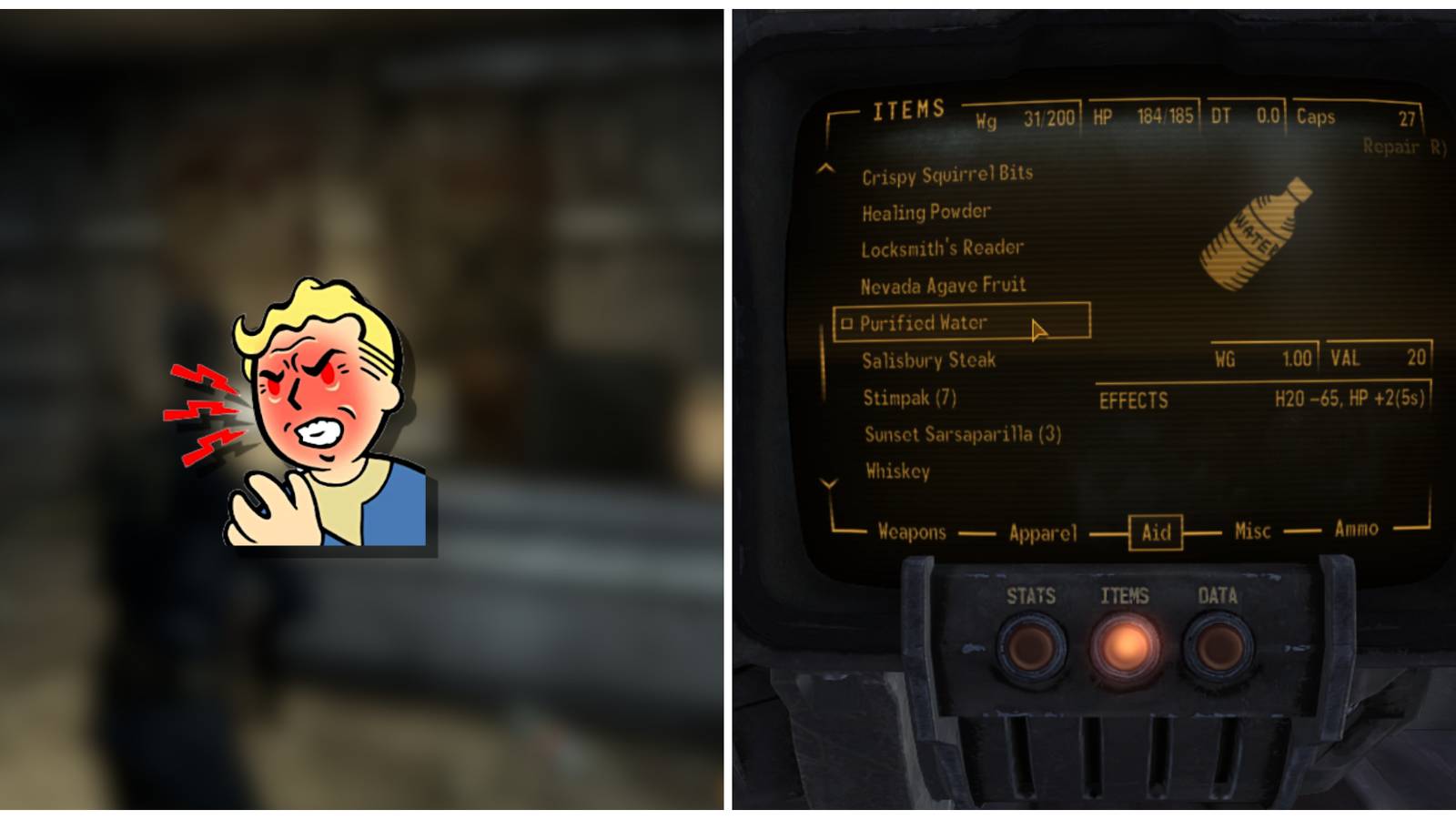 Split image of the hardcore mode icon and purified water to cure dehydration in hardcore mode in Fallout New Vegas