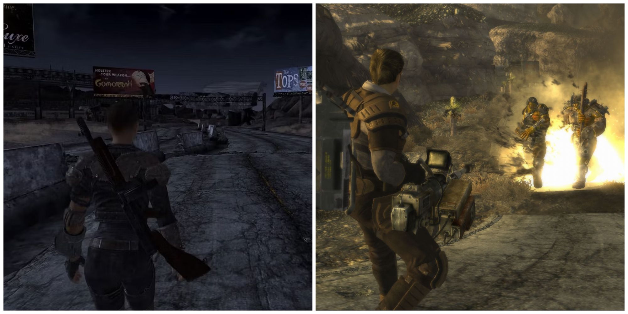 Split image of an installed mod and a character shooting a weapon in Fallout New Vegas