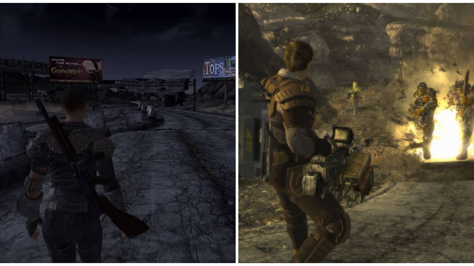 Split image of an installed mod and a character shooting a weapon in Fallout New Vegas