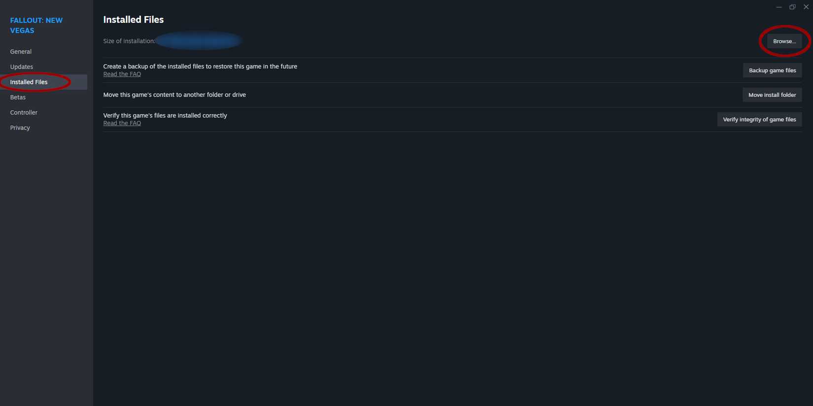 Image of the installed files option in the steam version of Fallout New Vegas