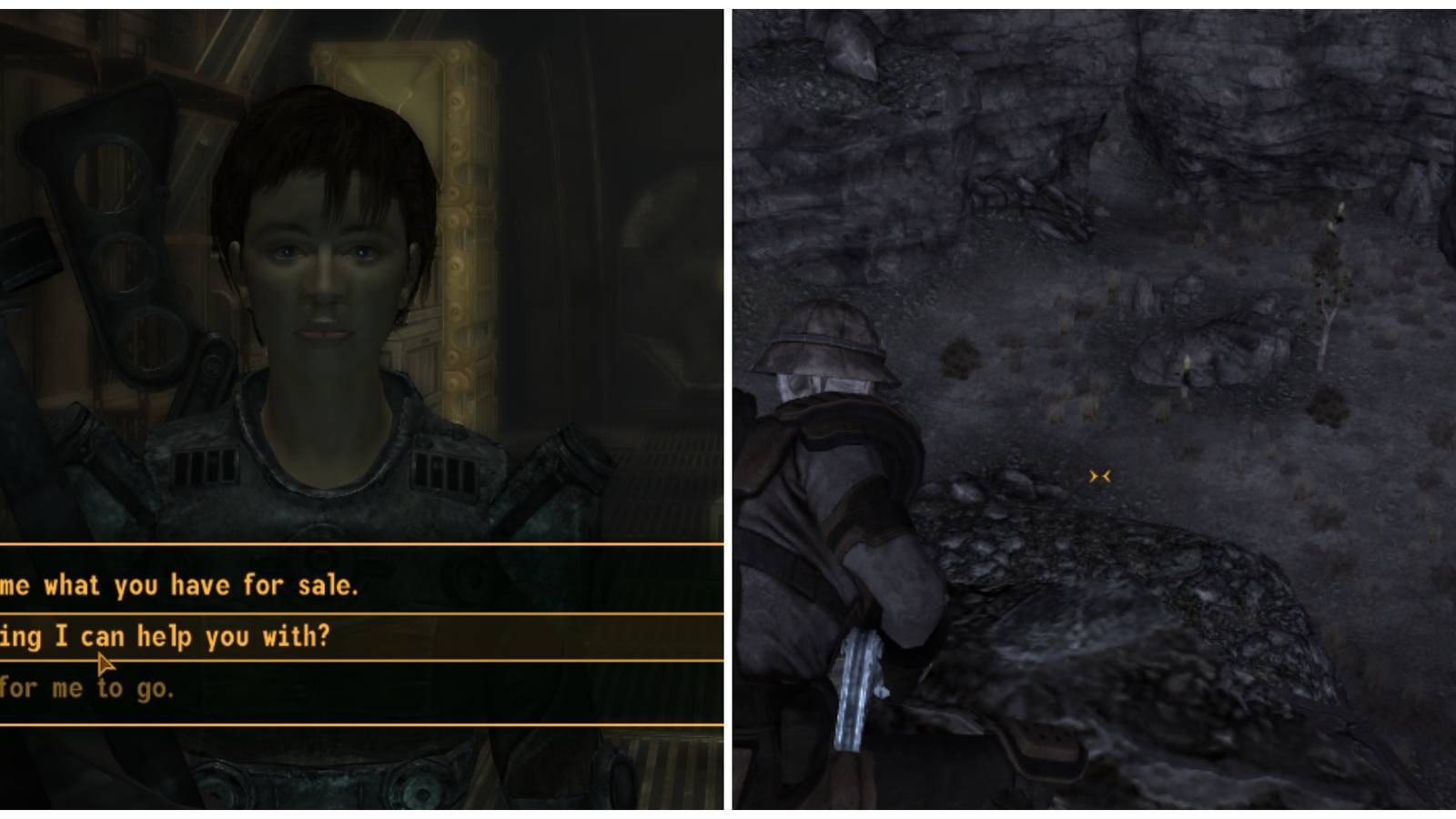 Split image of Knight Torres and the Scorpion Gulch from the Pistol Packing quest in Fallout New Vegas