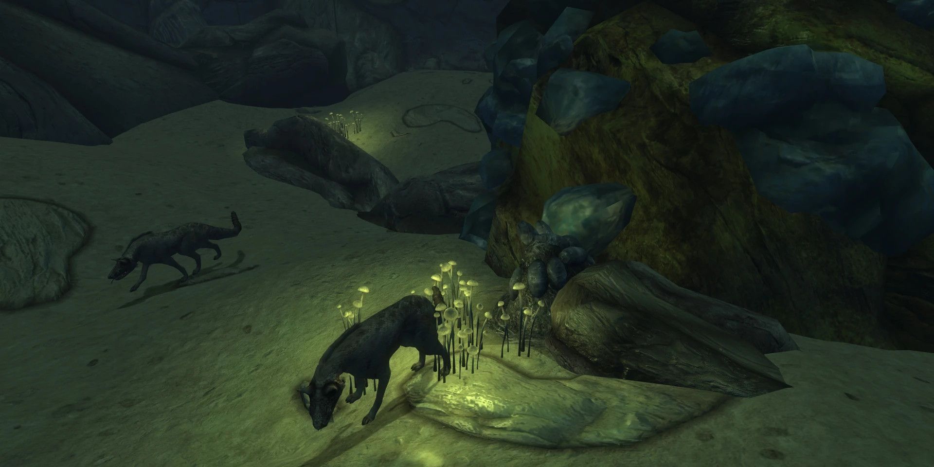 A pair of Night Stalkers lurking in a cave in Fallout New Vegas