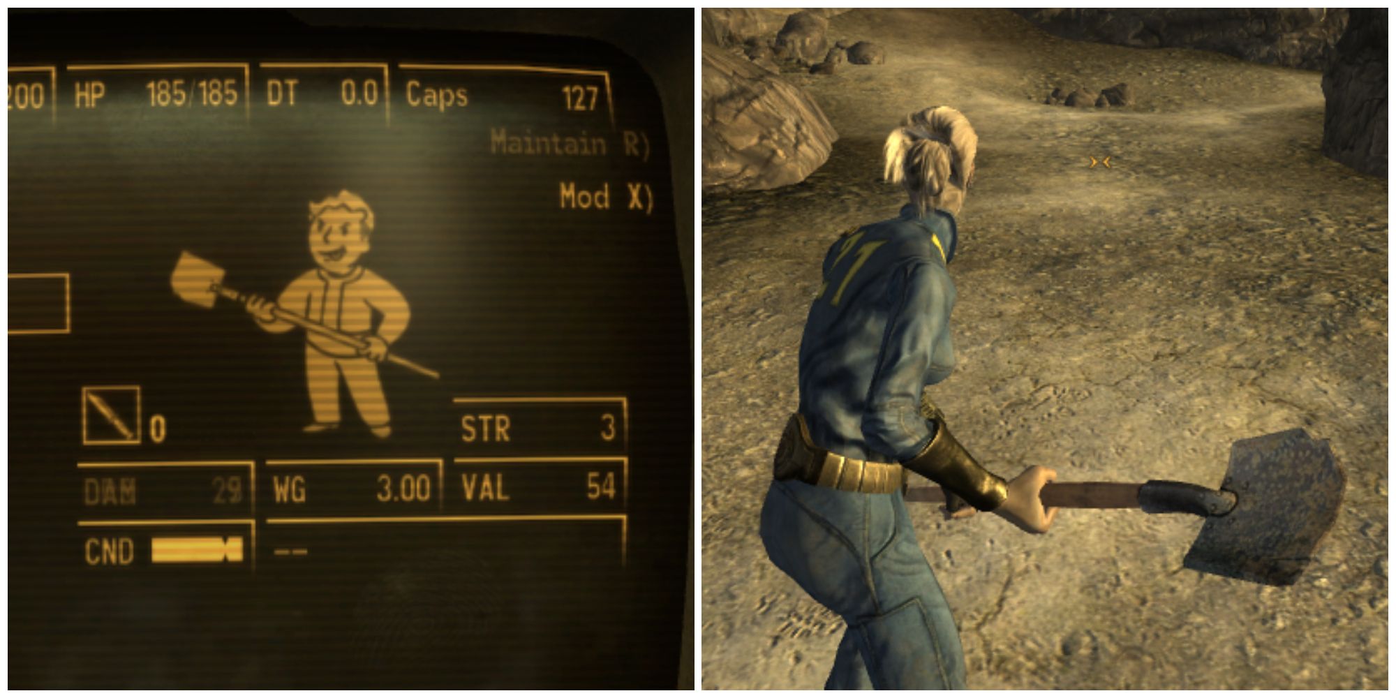 Split image of the shovel weapon in inventory and a character holding the shovel in Fallout New Vegas