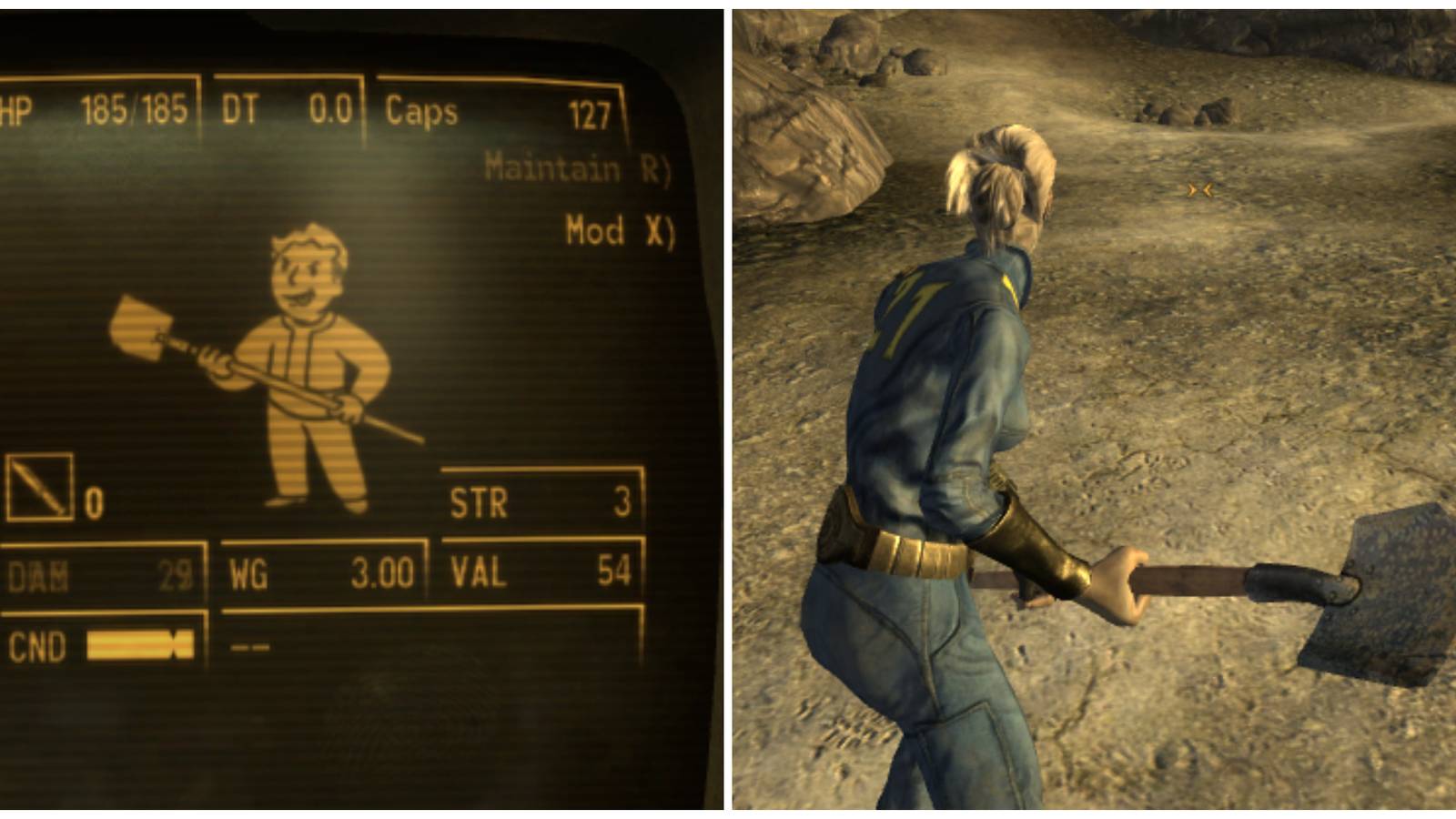 Split image of the shovel weapon in inventory and a character holding the shovel in Fallout New Vegas