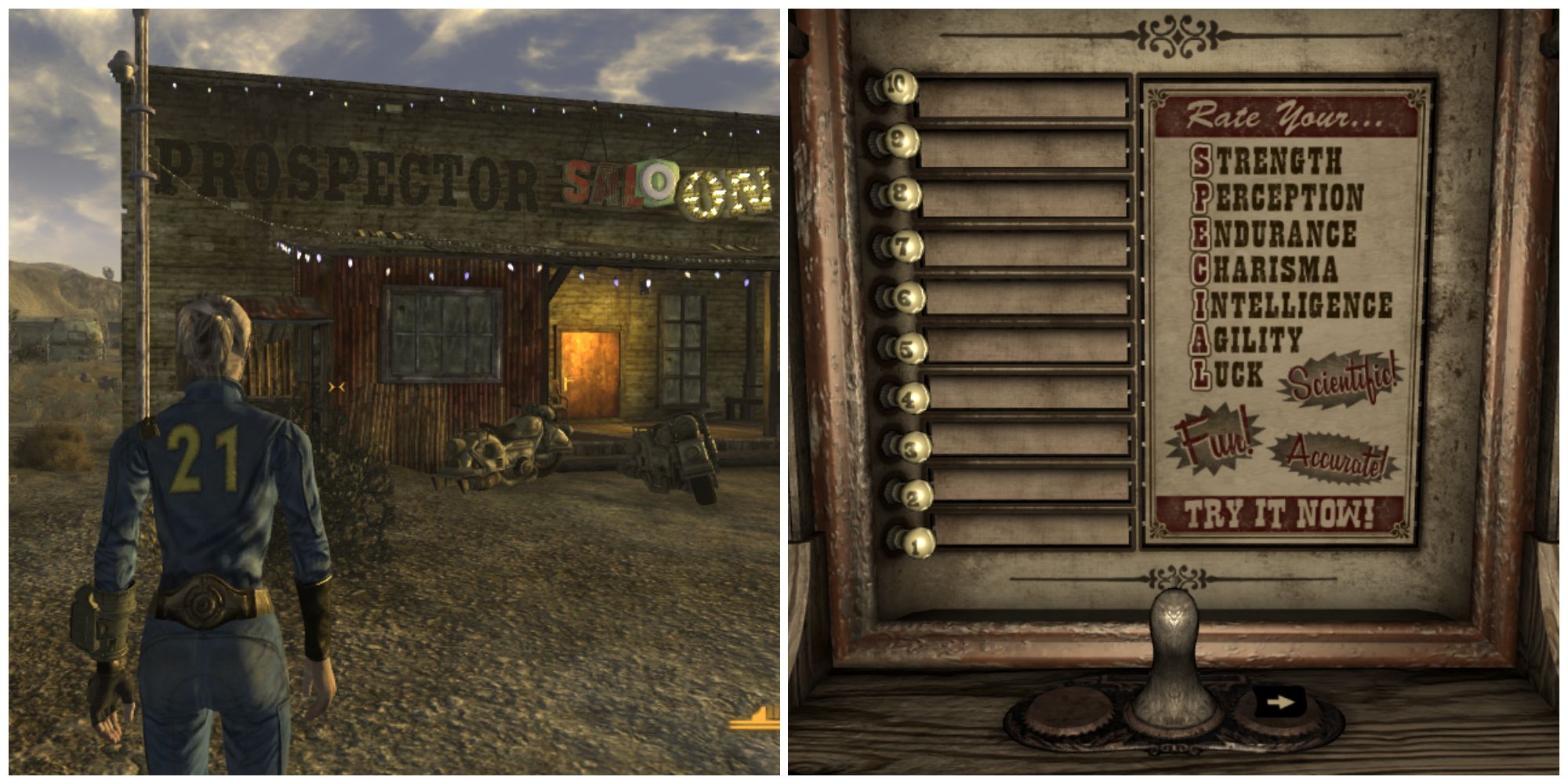 Split image of the Prospector Saloon and the starter stats machine in Fallout New Vegas