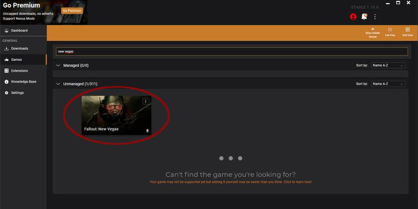 Image of the Vortex mod manager open with Fallout New Vegas selected