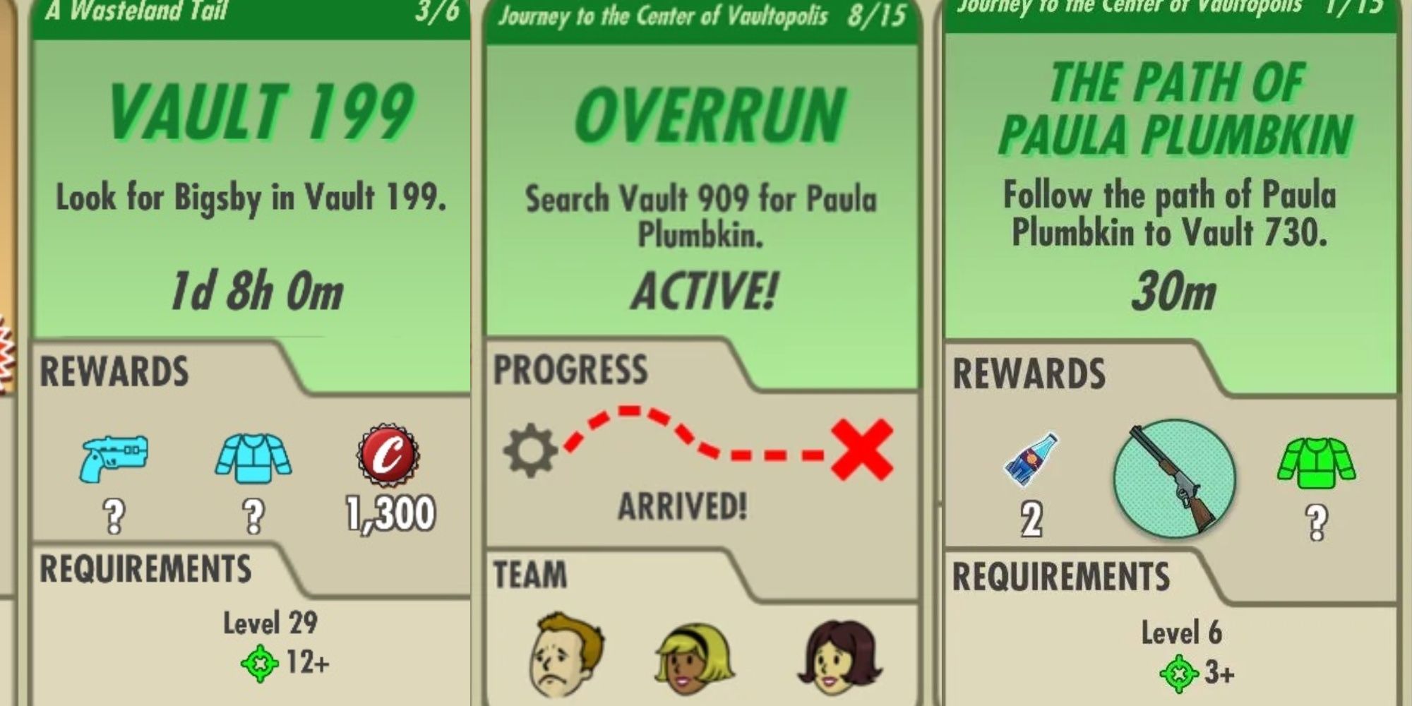 A collage of different quests  in Fallout Shelter