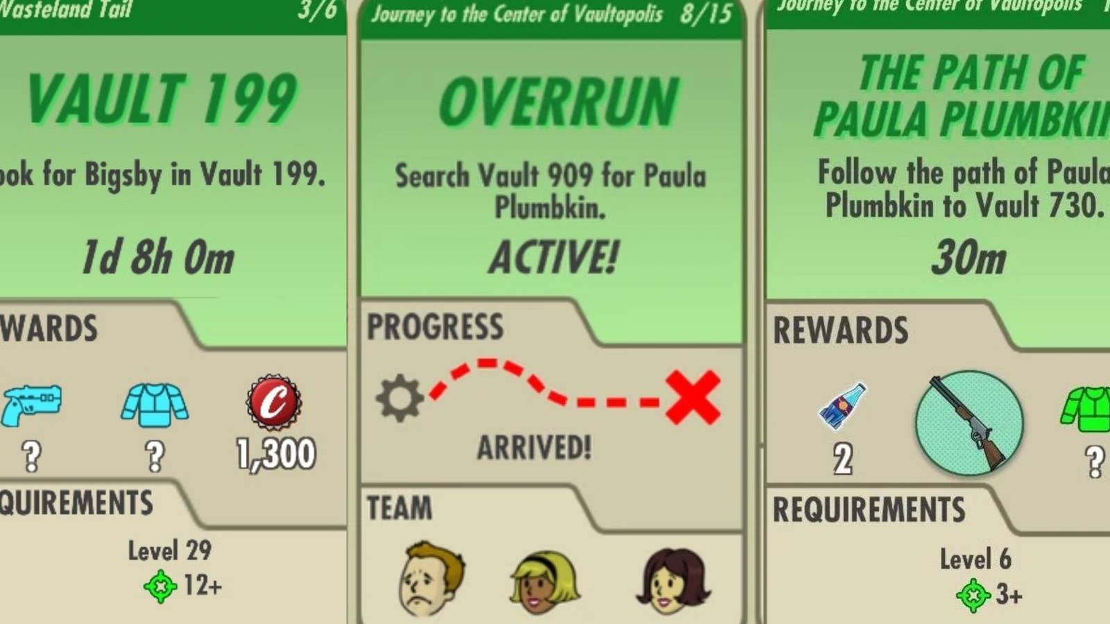 A collage of different quests  in Fallout Shelter
