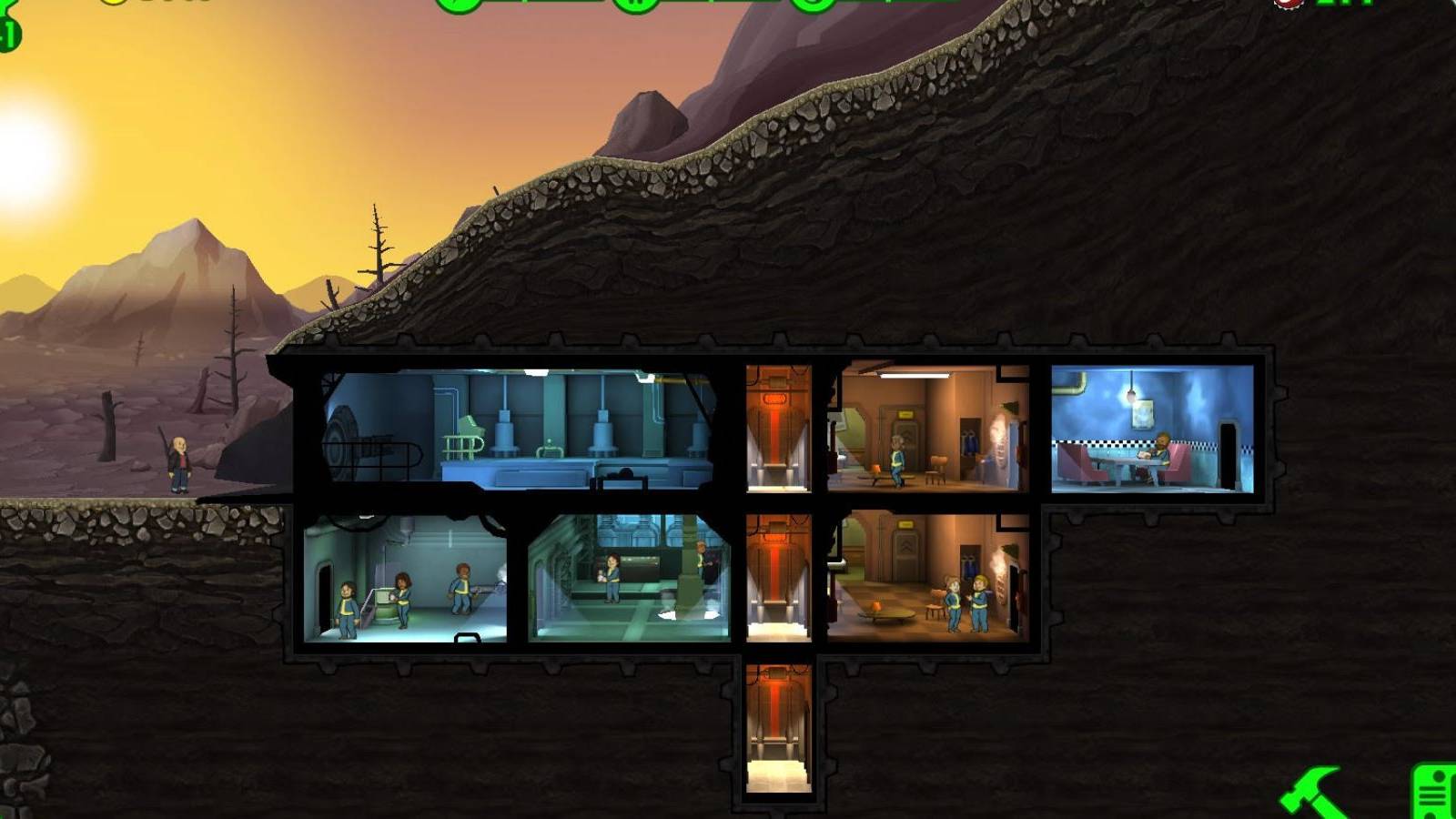 a birds eye view of a vault in Fallout Shelter
