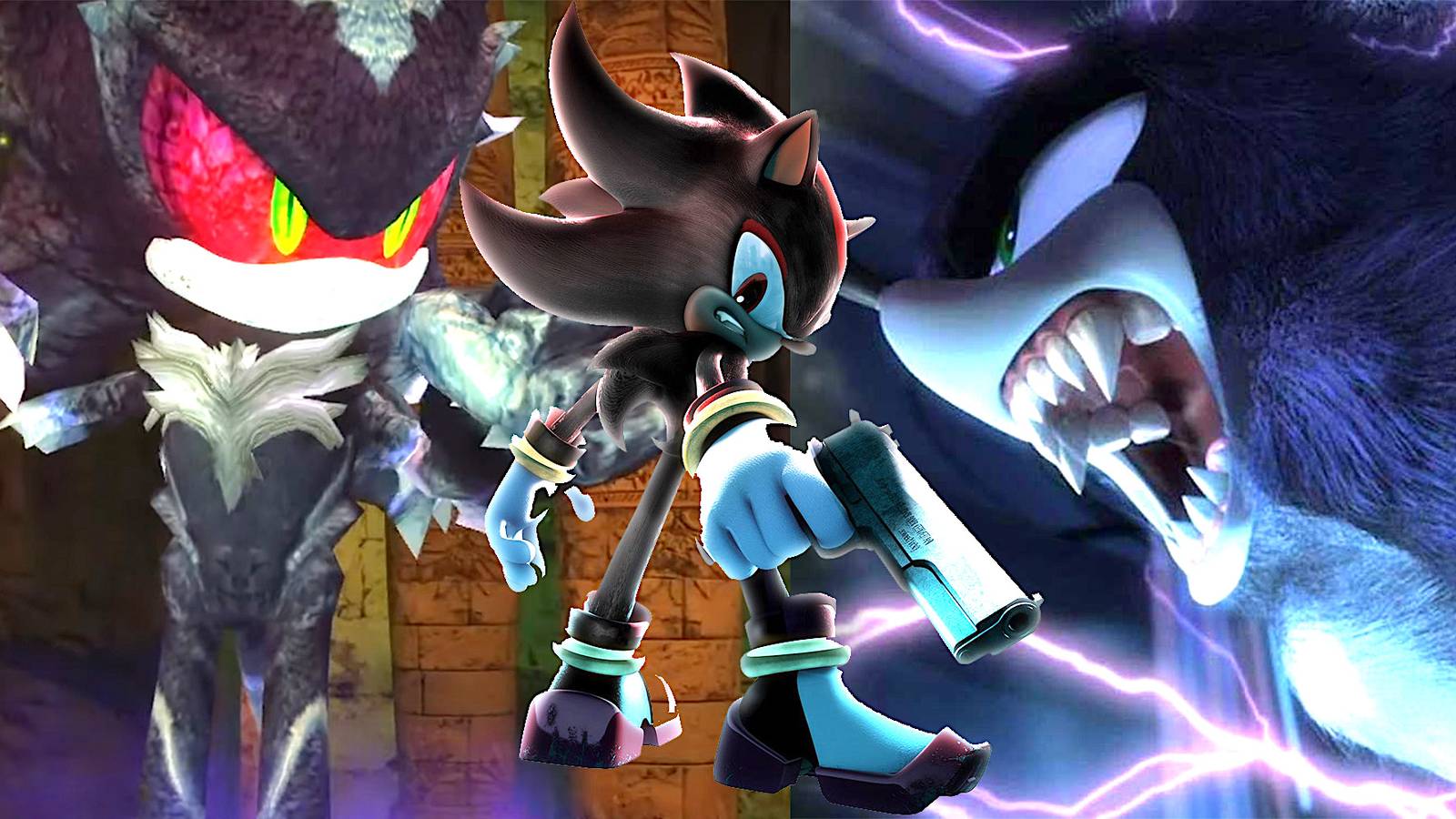 Mephiles, Shadow holding a gun, the Werehog side by side