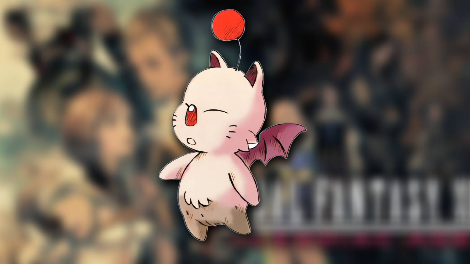 final fantasy moogle with blurred final fantasy 12 cover art background
