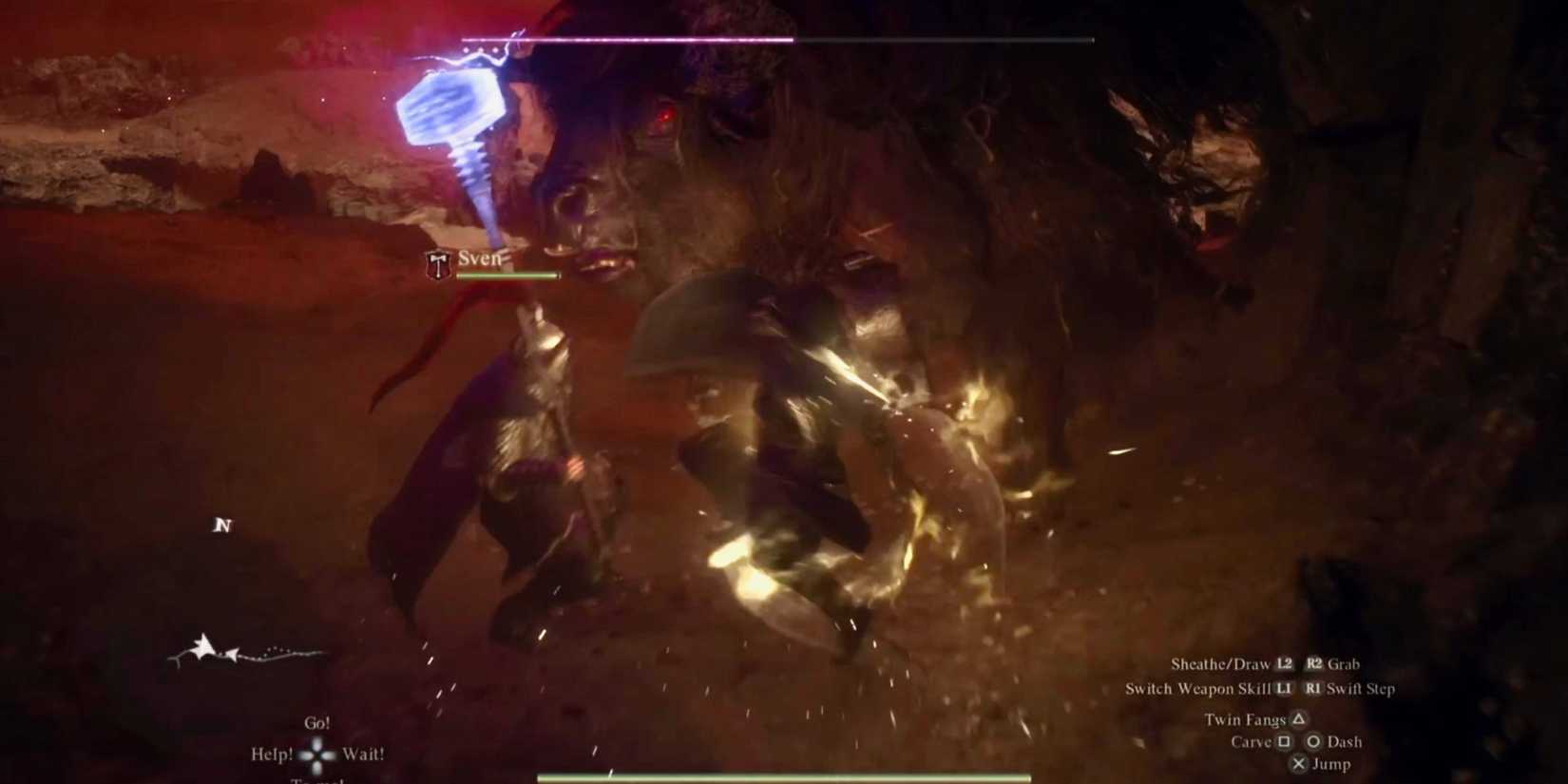 Fighting a Minotaur in Volcanic Island in Dragon's Dogma 2